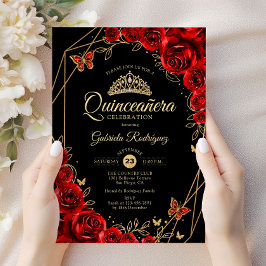 Invitación Quinceanera Black Red Gold Floral