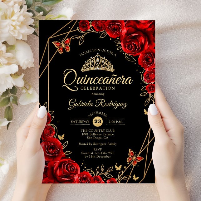 Invitación Quinceanera Black Red Gold Floral (Subido por el creador)
