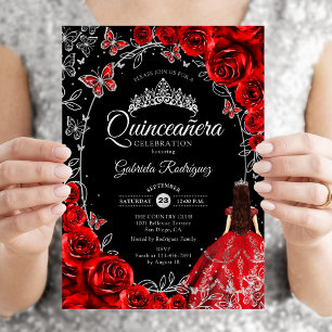 Invitación Quinceanera Black Red Silver