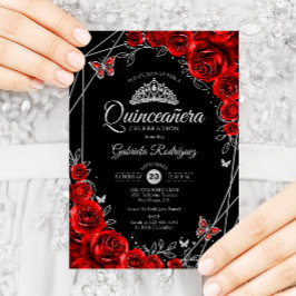 Invitación Quinceanera Black Red Silver Floral