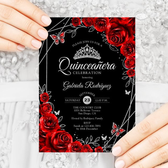 Invitación Quinceanera Black Red Silver Floral (Subido por el creador)