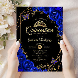Invitación Quinceanera Black Royal Blue Gold Floral