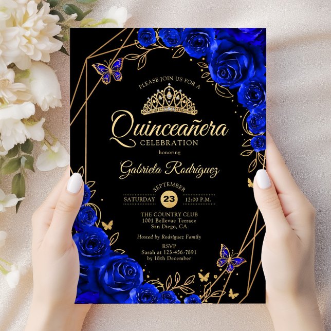 Invitación Quinceanera Black Royal Blue Gold Floral (Subido por el creador)