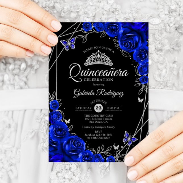 Invitación Quinceanera Black Royal Blue Silver Floral (Subido por el creador)