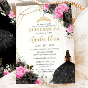 Invitación Quinceañera Black Vress Fuchsia Floral Princess