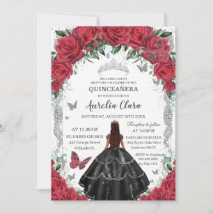 Invitación Quinceañera Black Vress Red Floral Vintage Silver