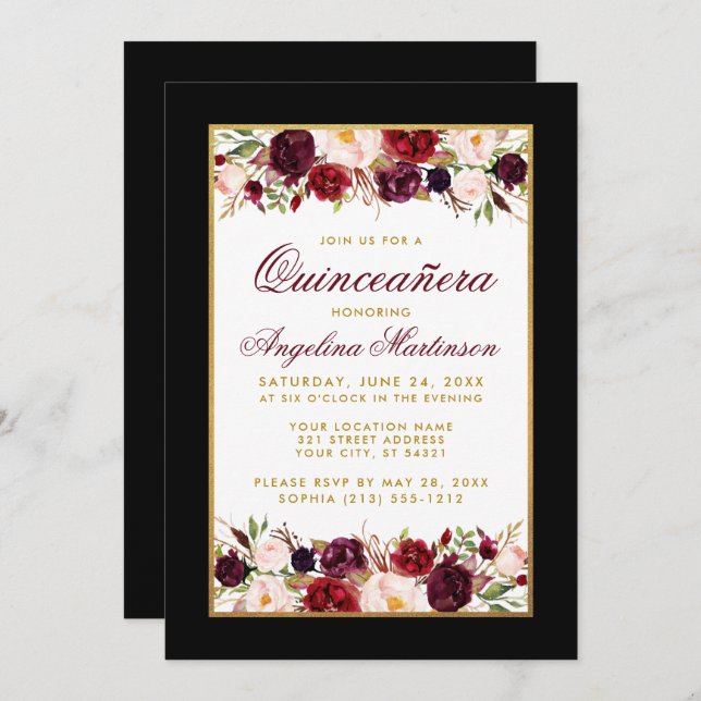 Invitación Quinceanera Black White Gold Burgundy Floral (Anverso / Reverso)