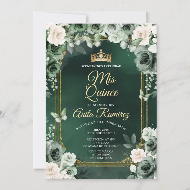 Invitación Quinceañera blanca de marfil y verde esmeralda mex (Anverso)
