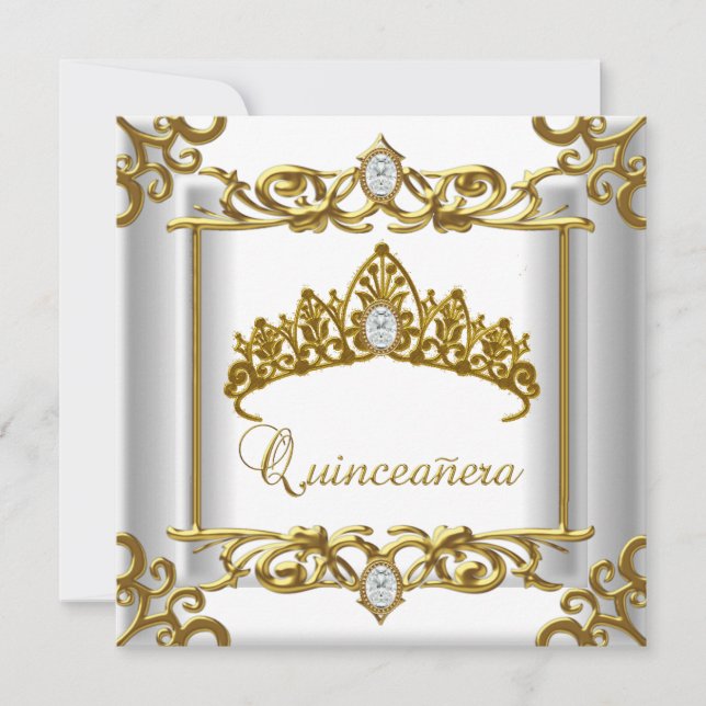Invitación Quinceanera blanca de oro de Tiara 15 años (Anverso)