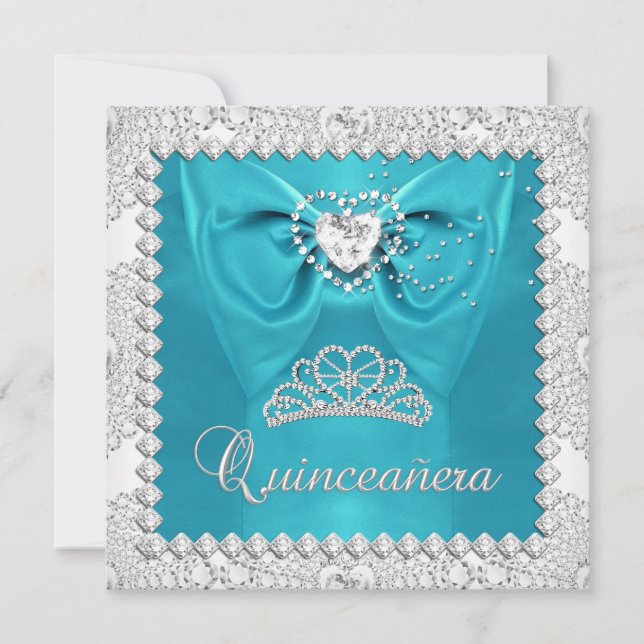 Invitación Quinceanera blanca de plata verde azulada Fiesta d (Anverso)