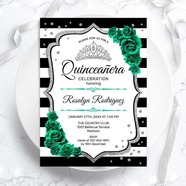 Invitación Quinceanera blanca de plata verde esmeralda (Subido por el creador)
