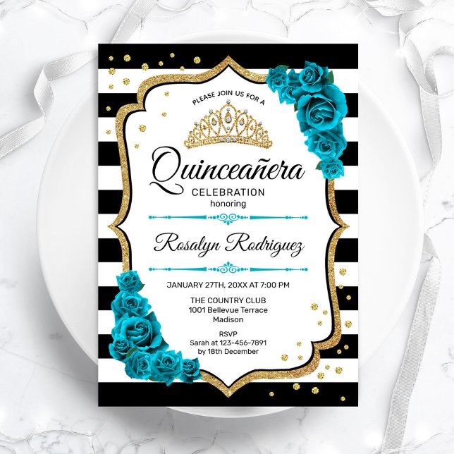 Invitación Quinceanera blanca del oro verde azulado (Subido por el creador)