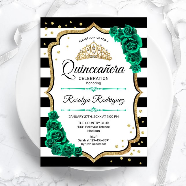 Invitación Quinceanera blanca del oro verde esmeralda (Subido por el creador)