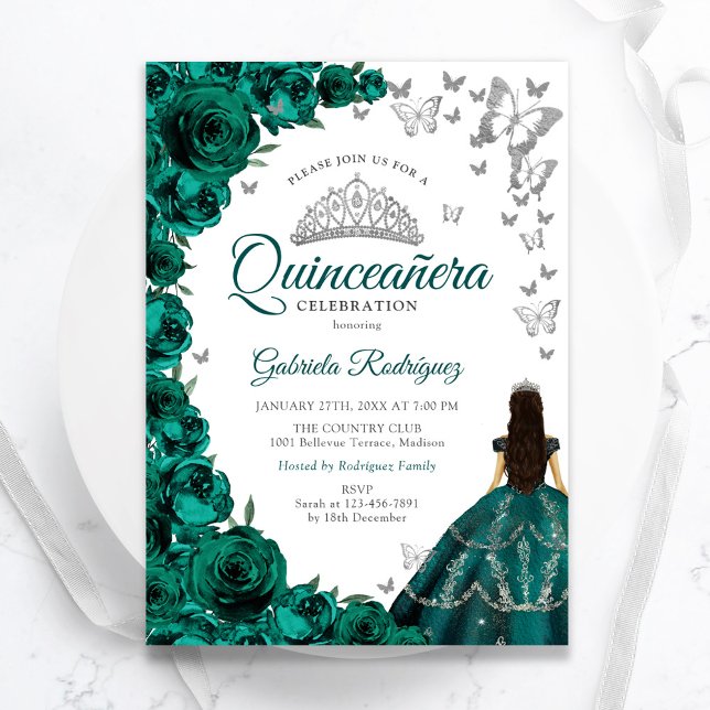 Invitación Quinceanera blanca floral verde esmeralda (Subido por el creador)