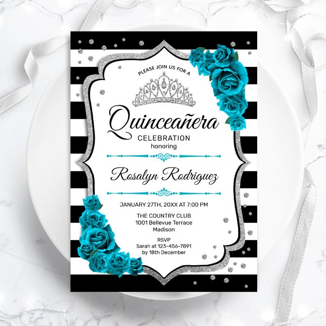 Invitación Quinceanera blanca plateada verde azulada (Subido por el creador)