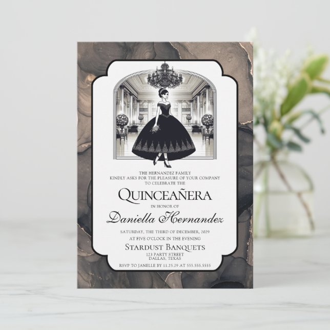 Invitación Quinceañera blanca y negra (Anverso de pie)