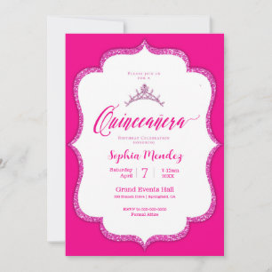 Invitación Quinceanera blanca y rosa caliente