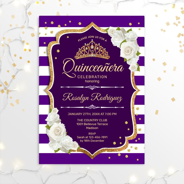 Invitación Quinceanera - Blanco de oro morado (Subido por el creador)