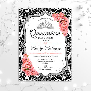Invitación Quinceanera - Blanco Negro Damask Rubor Pink