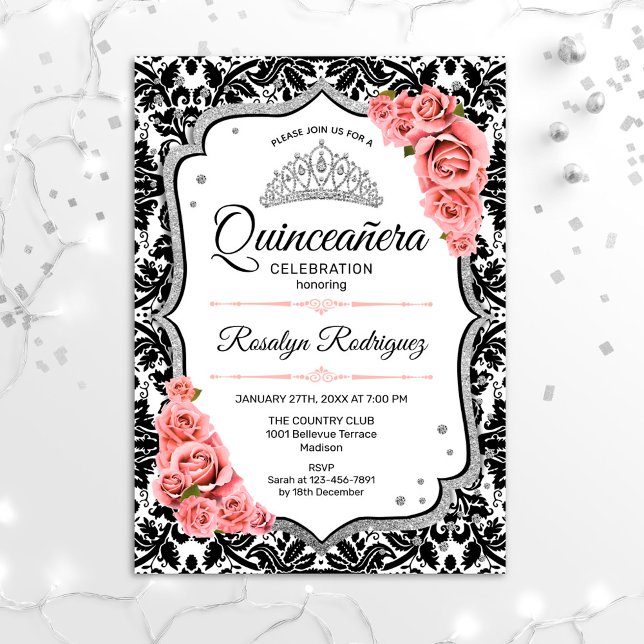 Invitación Quinceanera - Blanco Negro Damask Rubor Pink (Subido por el creador)