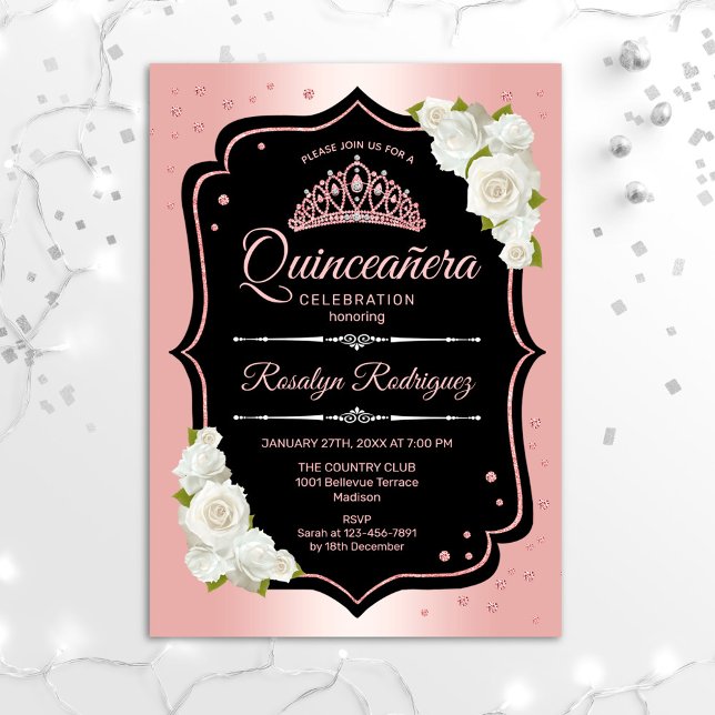 Invitación Quinceanera - Blanco negro dorado Rosa (Subido por el creador)