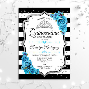 Invitación Quinceanera - Blanco Negro Plata Azul