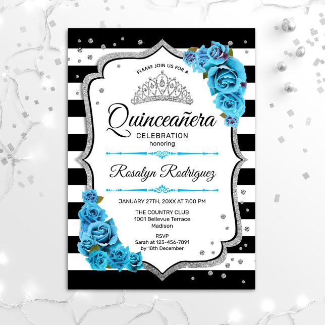 Invitación Quinceanera - Blanco Negro Plata Azul (Subido por el creador)