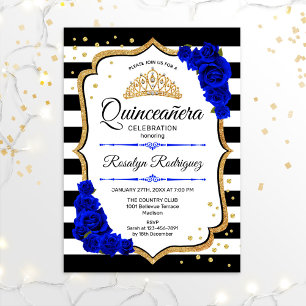 Invitación Quinceanera - Blanco Negro Real Oro Azul