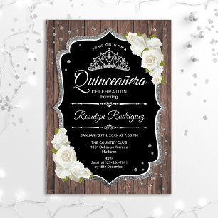 Invitación Quinceanera - Blanco plateado de madera rústica