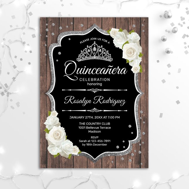 Invitación Quinceanera - Blanco plateado de madera rústica (Subido por el creador)
