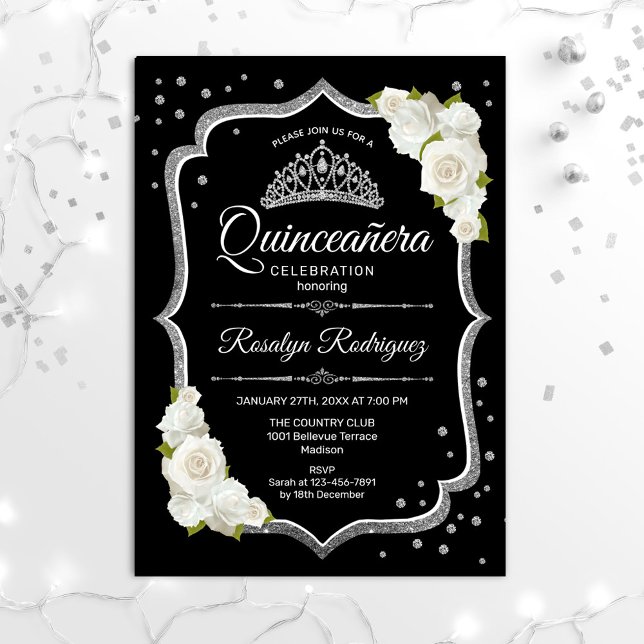 Invitación Quinceanera - Blanco plateado negro (Subido por el creador)
