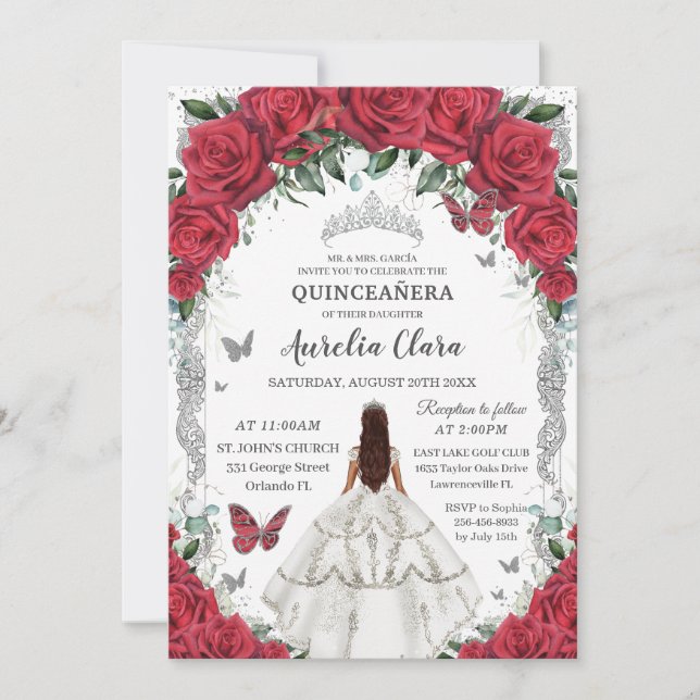 Invitación Quinceañera Blanco Vestido Rojo Roses Plata Floral (Anverso)