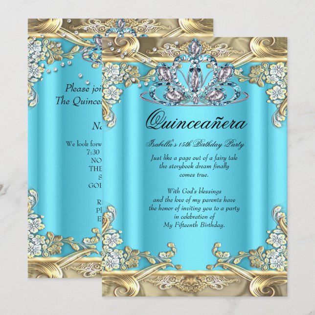 Invitación Quinceanera Blue Aqua Oro Verde azulado 15 cumplea (Anverso / Reverso)