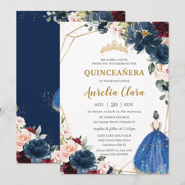 Invitación Quinceañera Blue Burgundy Rubor Floral Princesa I (Anverso / Reverso)