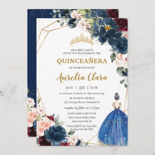 Invitación Quinceañera Blue Burgundy Rubor Floral Princesa I