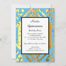 Invitación Quinceanera blue confetti Fiesta de cumpleaños de