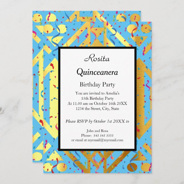 Invitación Quinceanera blue confetti Fiesta de cumpleaños de  (Anverso / Reverso)