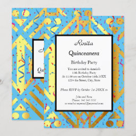 Invitación Quinceanera blue confetti Fiesta de cumpleaños de 