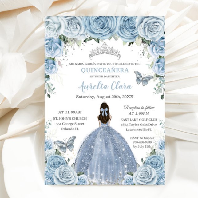 Invitación Quinceañera Blue Floral Butterflies Silver Tiara (Subido por el creador)