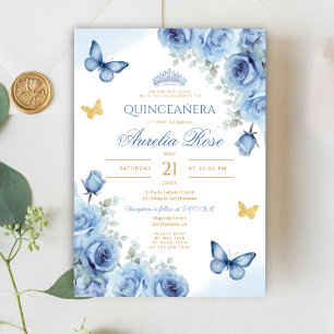 Invitación Quinceañera Blue Floral Gold Butterfly Tiara
