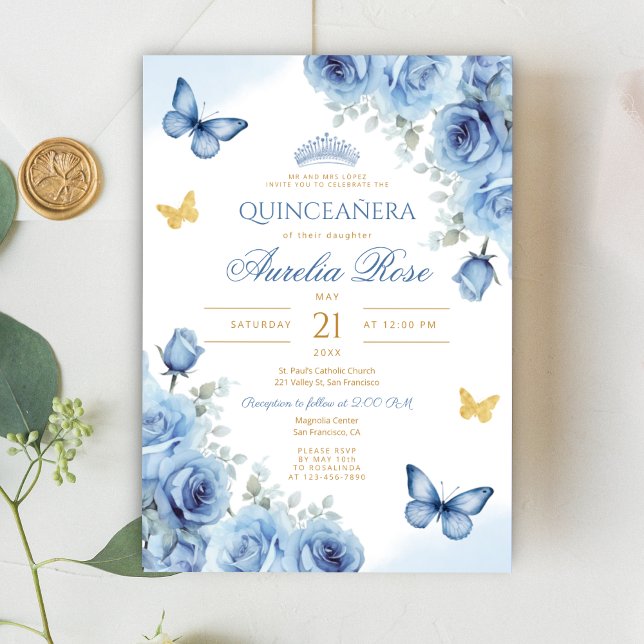 Invitación Quinceañera Blue Floral Gold Butterfly Tiara (Subido por el creador)