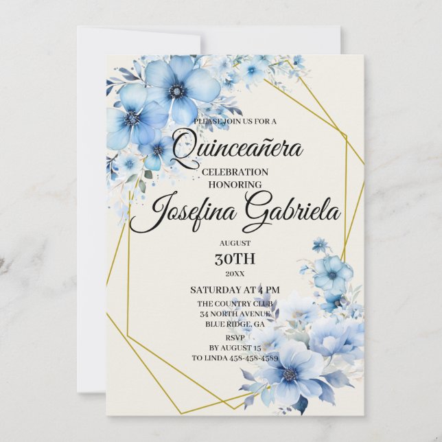 Invitación Quinceañera blue floral Invitation (Anverso)