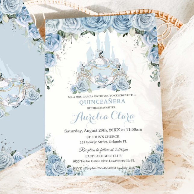 Invitación Quinceañera Blue Floral Princess Castillo Carriage (Subido por el creador)