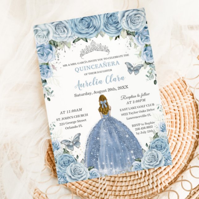Invitación Quinceanera Blue Floral Silver Butterflies Blona (Subido por el creador)