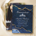 Invitación Quinceanera Blue Gold Agble Ageide Geode Photo<br><div class="desc">Moderna y elegante acuarela azul y oro Agate Geode Quinceanera Invitación - Foto de vuelta</div>