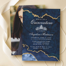 Invitación Quinceanera Blue Gold Agble Ageide Geode Photo