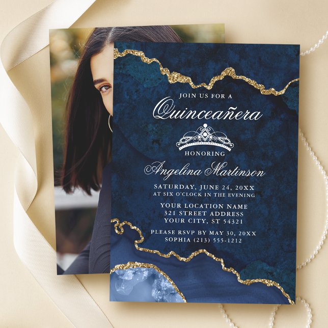 Invitación Quinceanera Blue Gold Agble Ageide Geode Photo (Customize to change text size or text style.)