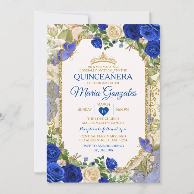 Invitación Quinceañera Blue & Gold Crown Mariposa Mexicana (Anverso)