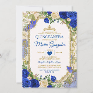 Invitación Quinceañera Blue & Gold Crown Mariposa Mexicana