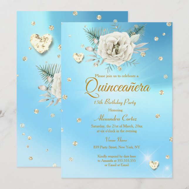 Invitación Quinceanera Blue Gold Purpurina Rosa Floral (Anverso / Reverso)